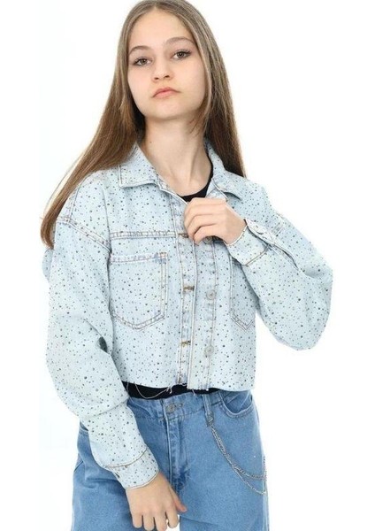 Kız Çocuk Parlak Taşlı Oversize Crop Kot Ceket fiyatları