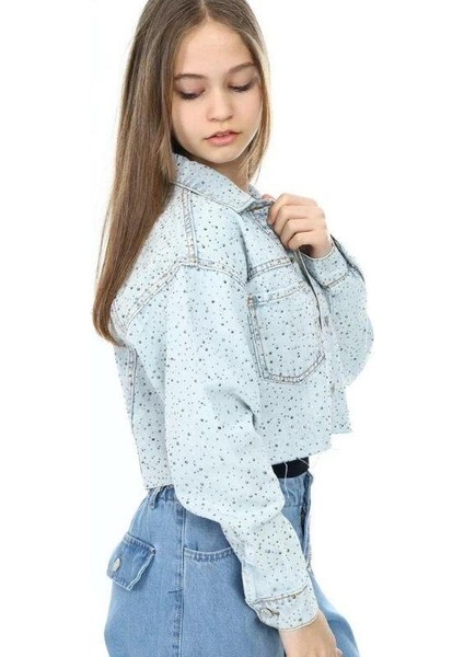 Kız Çocuk Parlak Taşlı Oversize Crop Kot Ceket modelleri