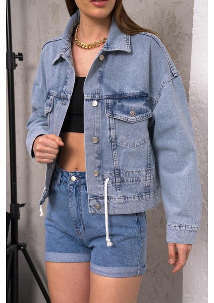 Kadın Oversize Bel Ayarlamalı Denim Ceket