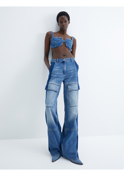 Geniş Paça Kargo Kot Pantolon Yüksek Bel Cepli Çift Renkli - Bianca Wide Leg Jeans
