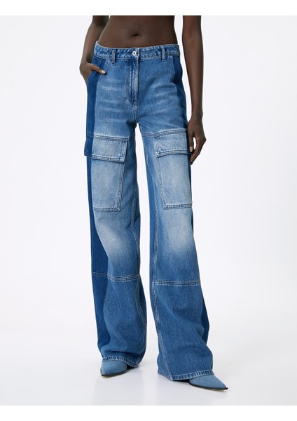 Geniş Paça Kargo Kot Pantolon Yüksek Bel Cepli Çift Renkli - Bianca Wide Leg Jeans fırsatları