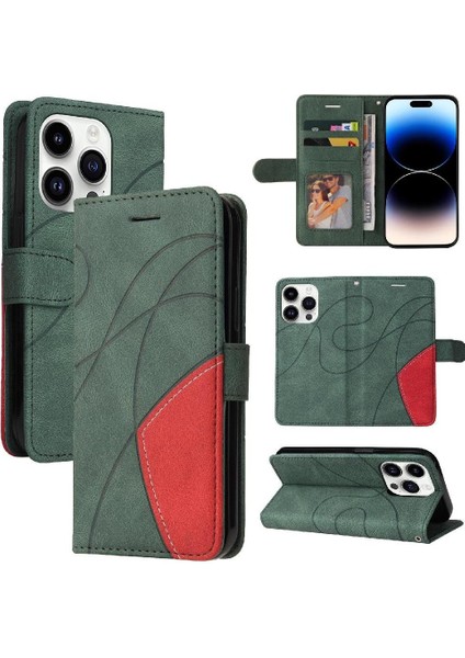 IPhone 15 Için Kılıf Pro Iki Renkli Dikiş Pu Deri Flip Folio Kılıf ile (Yurt Dışından)