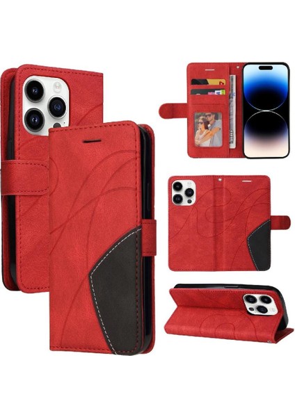 IPhone 15 Için Kılıf Pro Iki Renkli Dikiş Pu Deri Flip Folio Kılıf ile (Yurt Dışından)