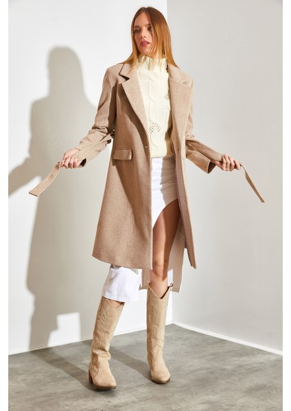 Kadın Tek Düğmeli Kuşaklı Astarlı Kaşe Kaban