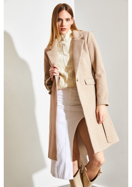 Kadın Tek Düğmeli Kuşaklı Astarlı Kaşe Kaban fiyatları