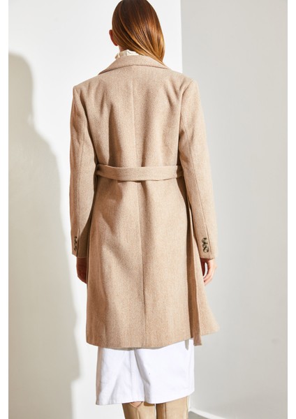 Kadın Tek Düğmeli Kuşaklı Astarlı Kaşe Kaban modelleri