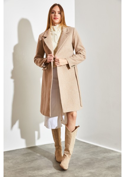 Kadın Tek Düğmeli Kuşaklı Astarlı Kaşe Kaban fırsatları