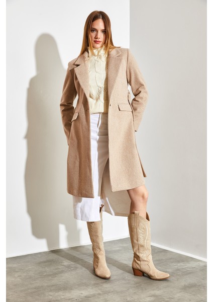 Kadın Tek Düğmeli Kuşaklı Astarlı Kaşe Kaban indirimleri