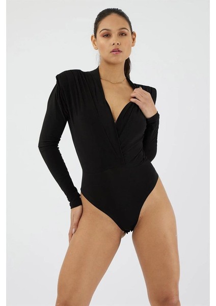 Kruvaze V Yaka Uzun Kol Alttan Çıtçıtlı Vatkalı Esnek Şık ve Cool Likralı Anvelop Body Bluz