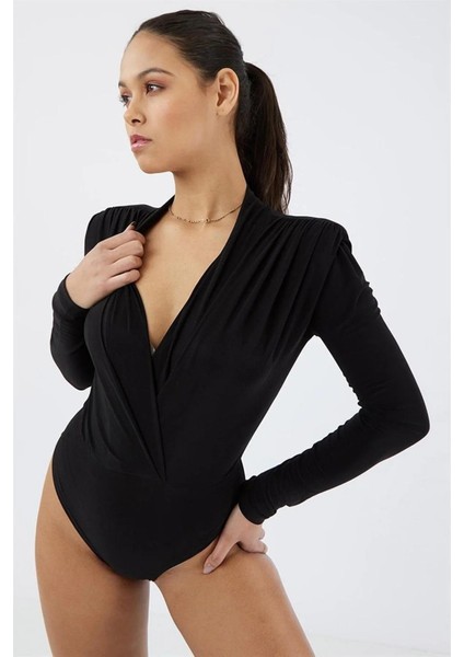Kruvaze V Yaka Uzun Kol Alttan Çıtçıtlı Vatkalı Esnek Şık ve Cool Likralı Anvelop Body Bluz fırsatları