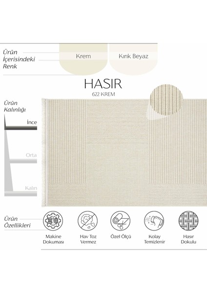 Hasır 622 Krem Halı Ince Mutfak Halısı Yazlık Halı Kilim Kesme Halı Yolluk Antre Hol Koridor Halısı