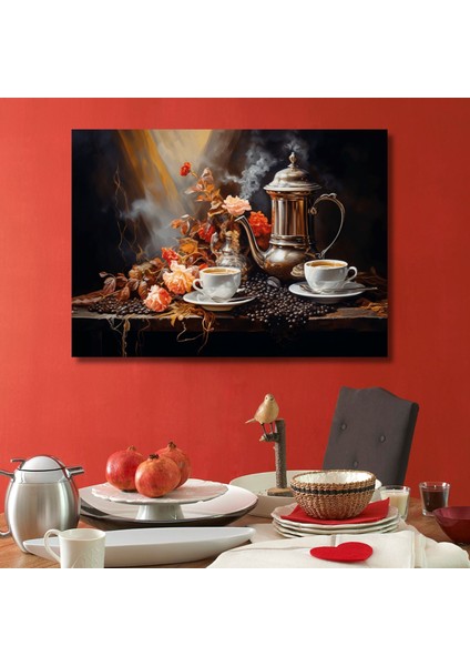 Tekli Yatay Kanvas Mutfaktablosu Nostalji Çaydanlık ve Çiçek