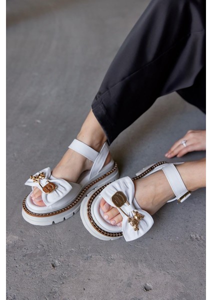 Summer Teddy Beyaz Hakiki Deri Kadın Sandalet