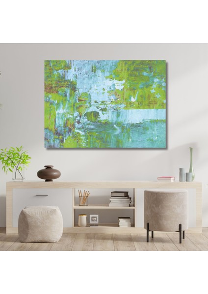 Tekli Yatay Kanvas Salon Tablosu Soyut Mavi Yeşil Tasarım