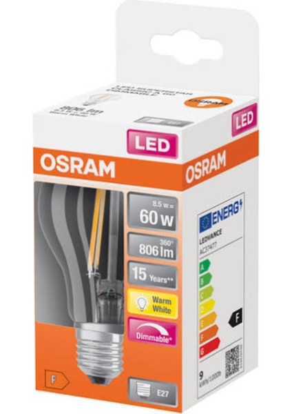 Ledvance 7 Watt E27 Dimlenebilir 2700 Kelvın Sarı Işık A60 806 Lümen E Enerji Flemanlı Şeffaf LED Ampul