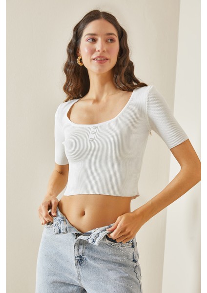 Beyaz Kare Yaka Triko Bluz 5YXK2-48499-01