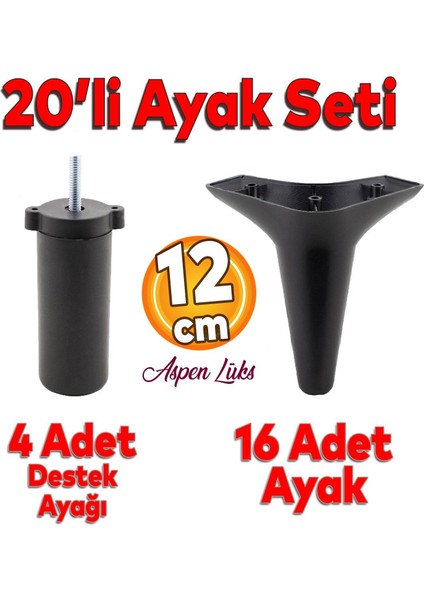 20'li Set Aspen Lüks Mobilya Koltuk Kanepe Tv Ünitesi Yükseltme Destek Ayağı 12 cm Siyah Ayakları