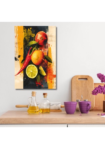 Tekli Dikey Kanvas Mutfak Tablosu Portakal Nar Biber ve Limon
