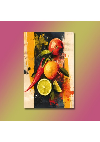 Tekli Dikey Kanvas Mutfak Tablosu Portakal Nar Biber ve Limon modelleri