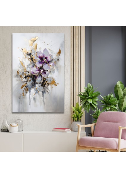 Tekli Dikey Kanvas Duvar Tablosu Soyut Akıtma Lila Çiçek Tasarım