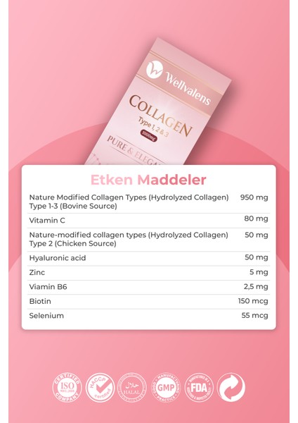 Pure & Elegant Kolajen Tablet Tip 1-2-3 – Hyaluronik Asit, C Vitamini, Biotin, Selenyum İçeren 30 Tablet