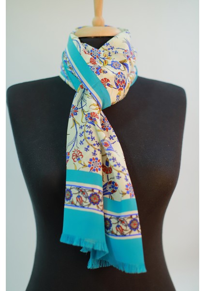 Ekru Turkuaz Medine Ipek Eşarp Şal