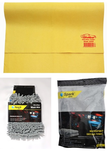 3224 Güderi Oto Kurulama Bezi & Spark 7050 Oto Eldiveni & Spark 2316 Peluş Bez (3'lü Set)