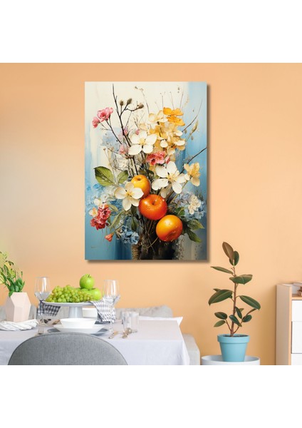 Tekli Dikey Kanvas Mutfak Tablosu Renkli Meyve ve Çiçek Tasarım