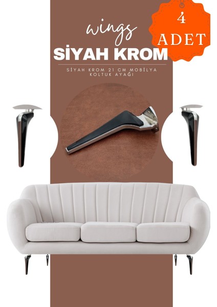 Wings Krom Siyah Mobilya Koltuk Ayağı Chester Komidin Tv Ünitesi Vestiyer Ayağı 21 cm 4 Adet
