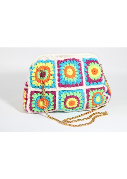 Beyaz Motif Detaylı El Örgüsü Handmade Bohem Tarzı Omuz Çantası