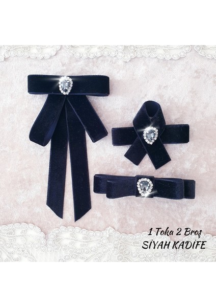 Siyah Kadife Kurdele Set (1 Toka 2 Broş)Yaka Çiçeği Broş Yaka Iğne,hediyelik Çanta,şal,gömlek