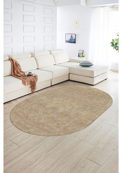 Dijital Kaymaz Yıkanabilir Jüt-Hasır Desen Oval Yolluk Mutfak Salon Halısı, N-O-Jüt-07-Kahve,