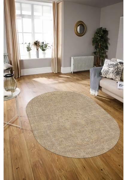 Dijital Kaymaz Yıkanabilir Jüt-Hasır Desen Oval Yolluk Mutfak Salon Halısı, N-O-Jüt-07-Kahve,