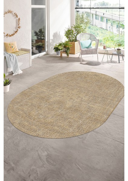 Dijital Kaymaz Yıkanabilir Jüt-Hasır Desen Oval Yolluk Mutfak Salon Halısı, N-O-Jüt-07-Kahve,