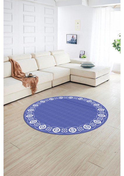 Dijital Kaymaz Yıkanabilir Jüt-Hasır Desen Yuvarlak Yolluk Mutfak Salon Halısı, N-Y-Jüt-15-Mavi,
