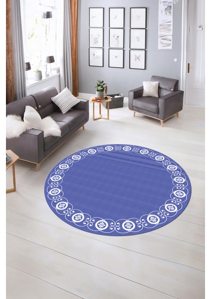 Dijital Kaymaz Yıkanabilir Jüt-Hasır Desen Yuvarlak Yolluk Mutfak Salon Halısı, N-Y-Jüt-15-Mavi, fırsatları