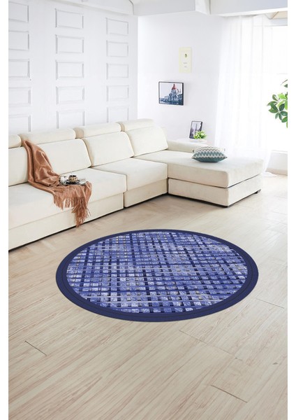 Dijital Kaymaz Yıkanabilir Jüt-Hasır Desen Yuvarlak Yolluk Mutfak Salon Halısı, N-Y-Jüt-16-Mavi,