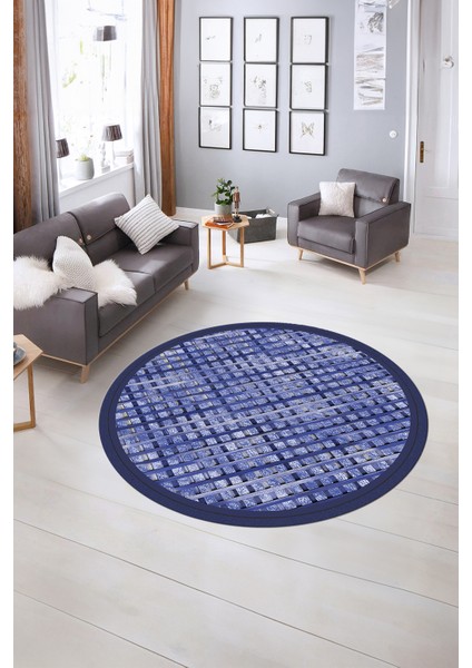 Dijital Kaymaz Yıkanabilir Jüt-Hasır Desen Yuvarlak Yolluk Mutfak Salon Halısı, N-Y-Jüt-16-Mavi, fırsatları