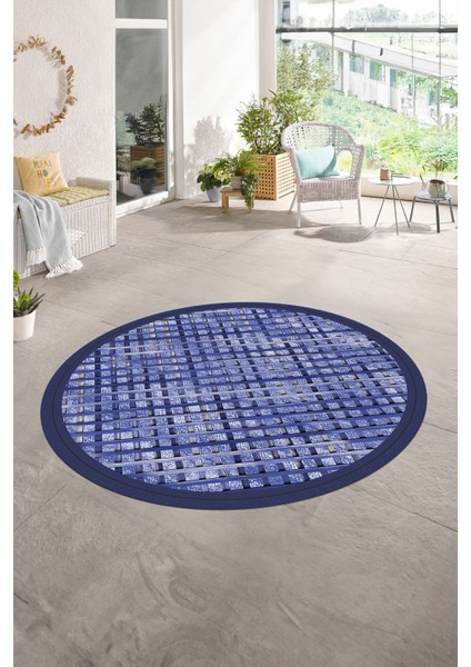 Dijital Kaymaz Yıkanabilir Jüt-Hasır Desen Yuvarlak Yolluk Mutfak Salon Halısı, N-Y-Jüt-16-Mavi, indirimleri