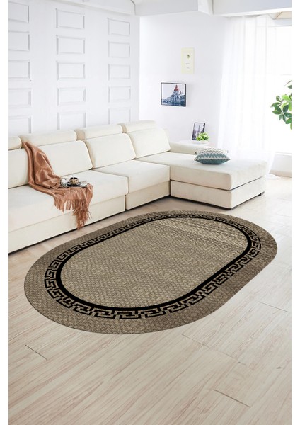 Dijital Kaymaz Yıkanabilir Jüt-Hasır Desen Oval Yolluk Mutfak Salon Halısı, N-O-Jüt-01-Siyah,