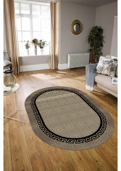 Dijital Kaymaz Yıkanabilir Jüt-Hasır Desen Oval Yolluk Mutfak Salon Halısı, N-O-Jüt-01-Siyah,