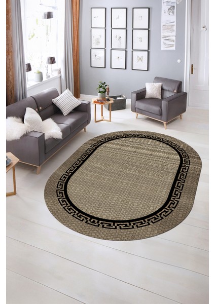 Dijital Kaymaz Yıkanabilir Jüt-Hasır Desen Oval Yolluk Mutfak Salon Halısı, N-O-Jüt-01-Siyah,