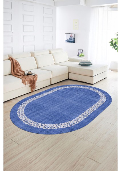 Dijital Kaymaz Yıkanabilir Jüt-Hasır Desen Oval Yolluk Mutfak Salon Halısı, N-O-Jüt-04-Mavi,