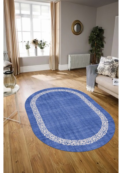 Dijital Kaymaz Yıkanabilir Jüt-Hasır Desen Oval Yolluk Mutfak Salon Halısı, N-O-Jüt-04-Mavi, fiyatları