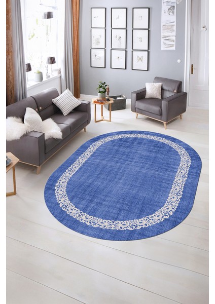Dijital Kaymaz Yıkanabilir Jüt-Hasır Desen Oval Yolluk Mutfak Salon Halısı, N-O-Jüt-04-Mavi, fırsatları