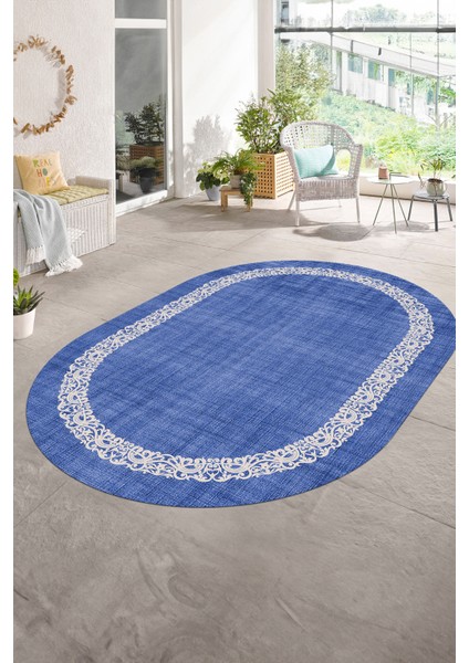 Dijital Kaymaz Yıkanabilir Jüt-Hasır Desen Oval Yolluk Mutfak Salon Halısı, N-O-Jüt-04-Mavi, indirimleri