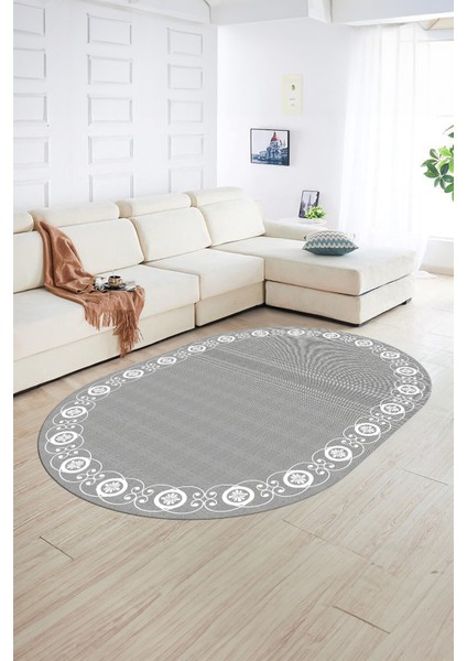 Dijital Kaymaz Yıkanabilir Jüt-Hasır Desen Oval Yolluk Mutfak Salon Halısı, N-O-Jüt-15-Gri,