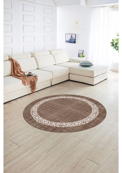Dijital Kaymaz Yıkanabilir Jüt-Hasır Desen Yuvarlak Yolluk Mutfak Salon Halısı, N-Y-Jüt-04-Kahve,