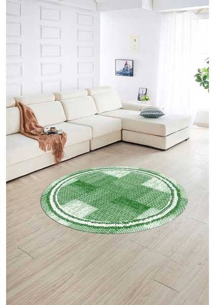 Dijital Kaymaz Yıkanabilir Jüt-Hasır Desen Yuvarlak Yolluk Mutfak Salon Halısı, N-Y-Jüt-11-Yeşil,