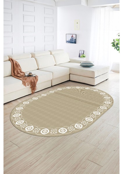 Dijital Kaymaz Yıkanabilir Jüt-Hasır Desen Oval Yolluk Mutfak Salon Halısı, N-O-Jüt-15-Krem,